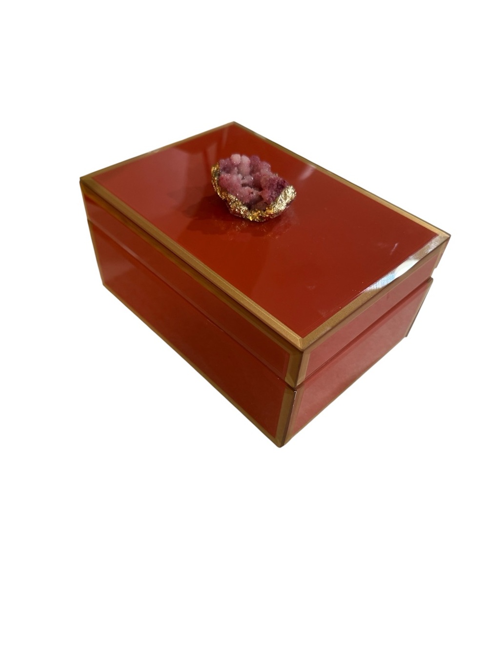 Vintage Hollywood Regency Coral Persimmon Lacquer Jewelry Box Pink Druzy Quartz
